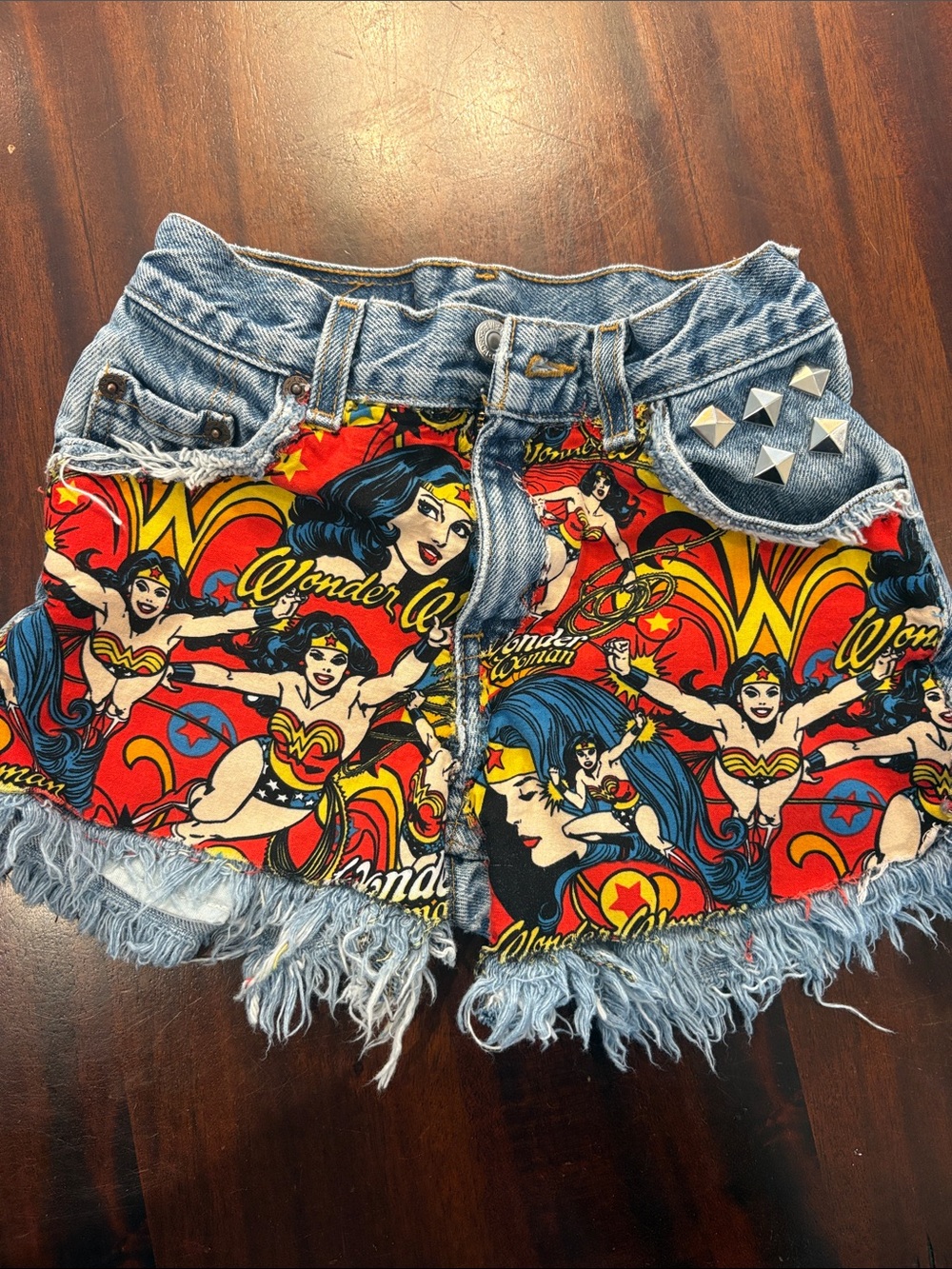 Hand made Wonder Woman Print Denim Frayed Hem girls shorts - Red / Blue